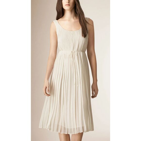 BURBERRY BRIT Pleated Silk Midi Dress Ivory Sz 6